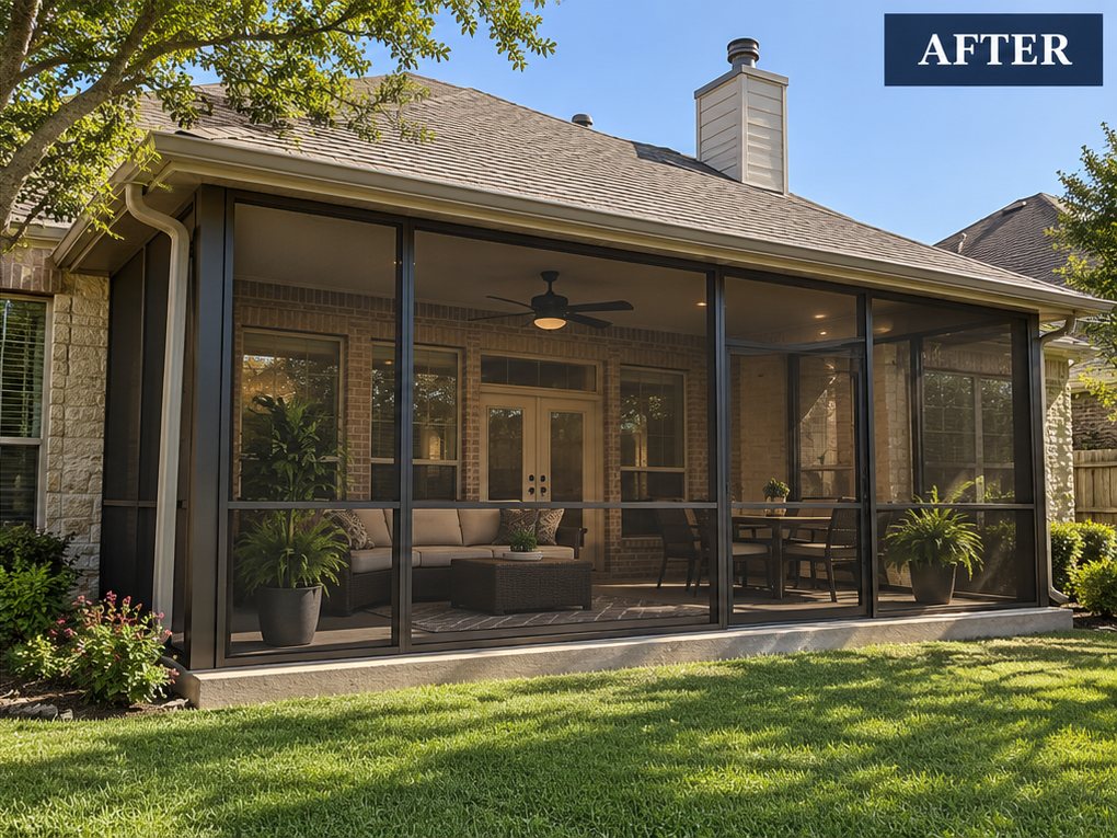The same covered patio fully screened in with dark bronze frames, sofa and ceiling fan