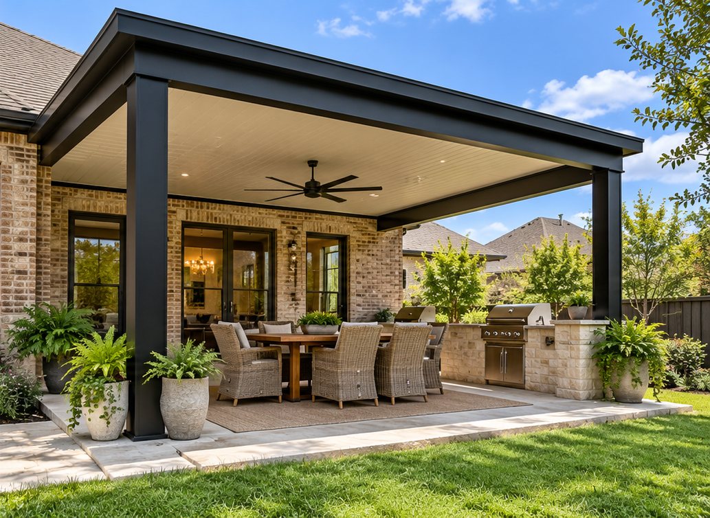 Patio cover with dark posts, ceiling fan and recessed lights over a dining area and outdoor kitchen