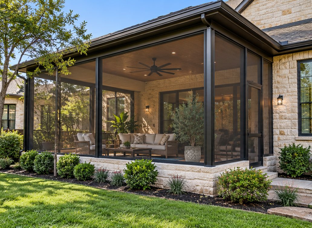 Screened patio enclosure with dark bronze frames on a limestone home, outdoor sofa and ceiling fan inside