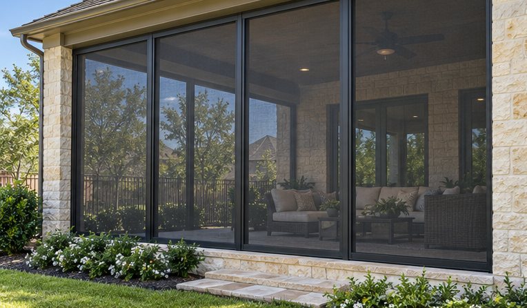 New full-height screen panels in dark bronze frames on a limestone covered patio