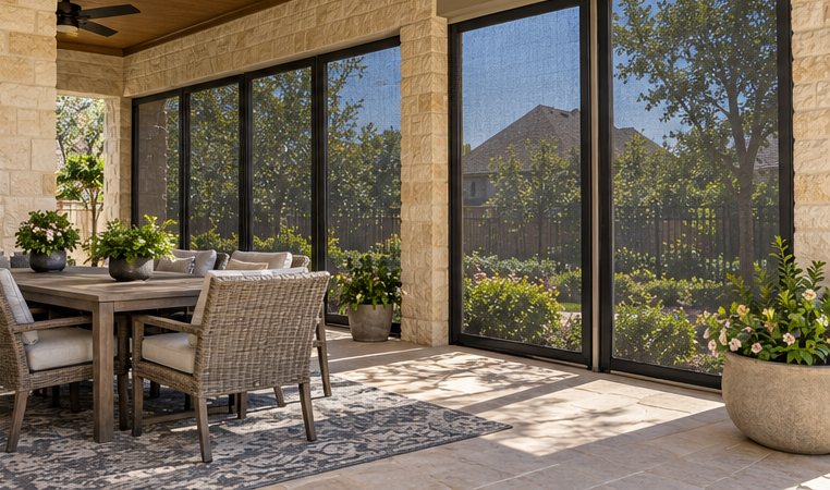 Covered patio with stone columns, wood ceiling and full-height screen panels around a dining area