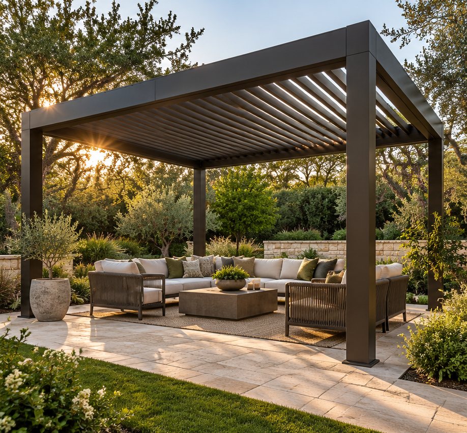 Dark bronze louvered pergola over an outdoor lounge with Hill Country trees at sunset