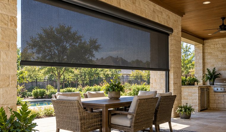 Motorized roller shade lowered beside an outdoor dining table and kitchen on a limestone patio