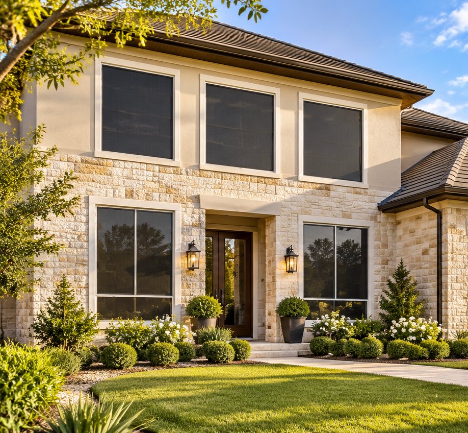Two-story limestone home with dark solar screens on the front windows