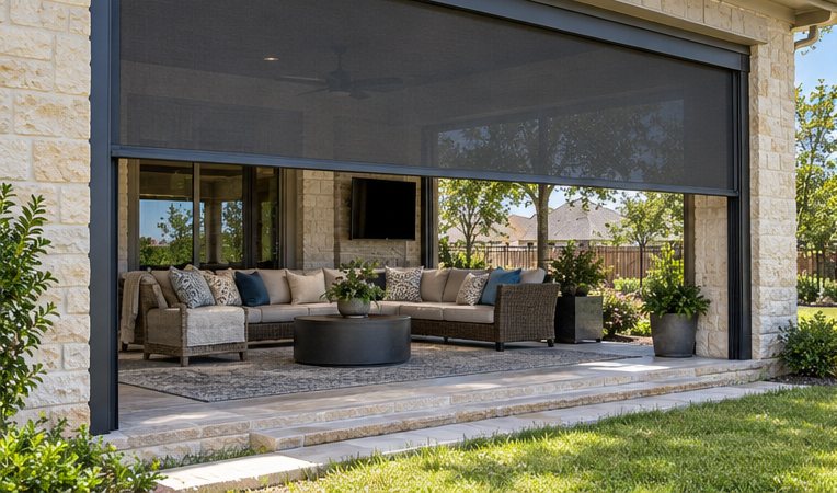 Retractable zip screen partly lowered on a covered limestone patio with a lounge and TV